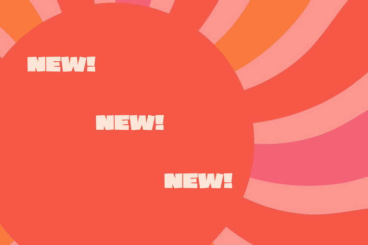 A red sun with red, orange, and pink rays with the words "new! new! new!".