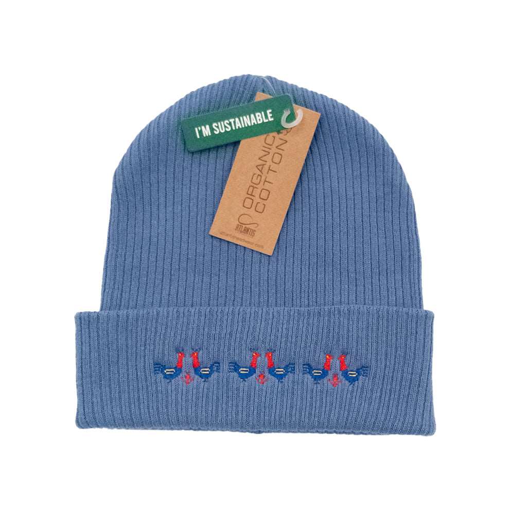 A light blue 100% organic cotton ribbed beanie with 3 pairs of red and blue roosters embroidered on the front.