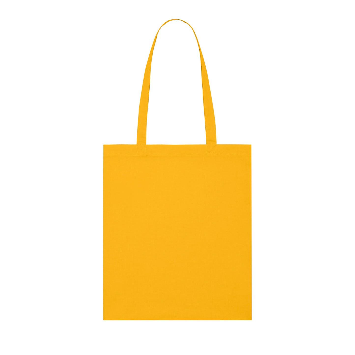 The back of a bright yellow tote bag made of 100% organic cotton