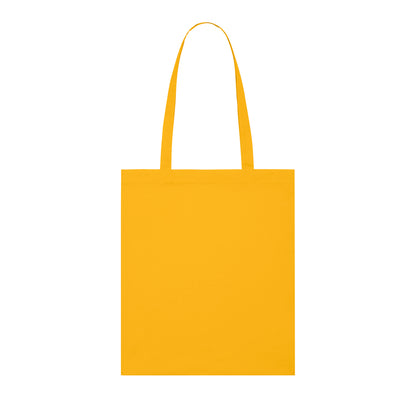 The back of a bright yellow tote bag made of 100% organic cotton