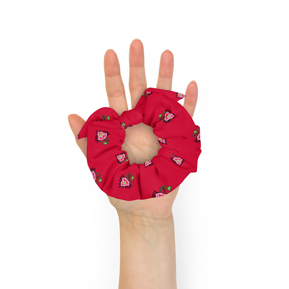 Pretty Pink Flower Recycled Scrunchie | Red, a red scrunchie made of recycled materials with a pink flower pattern.