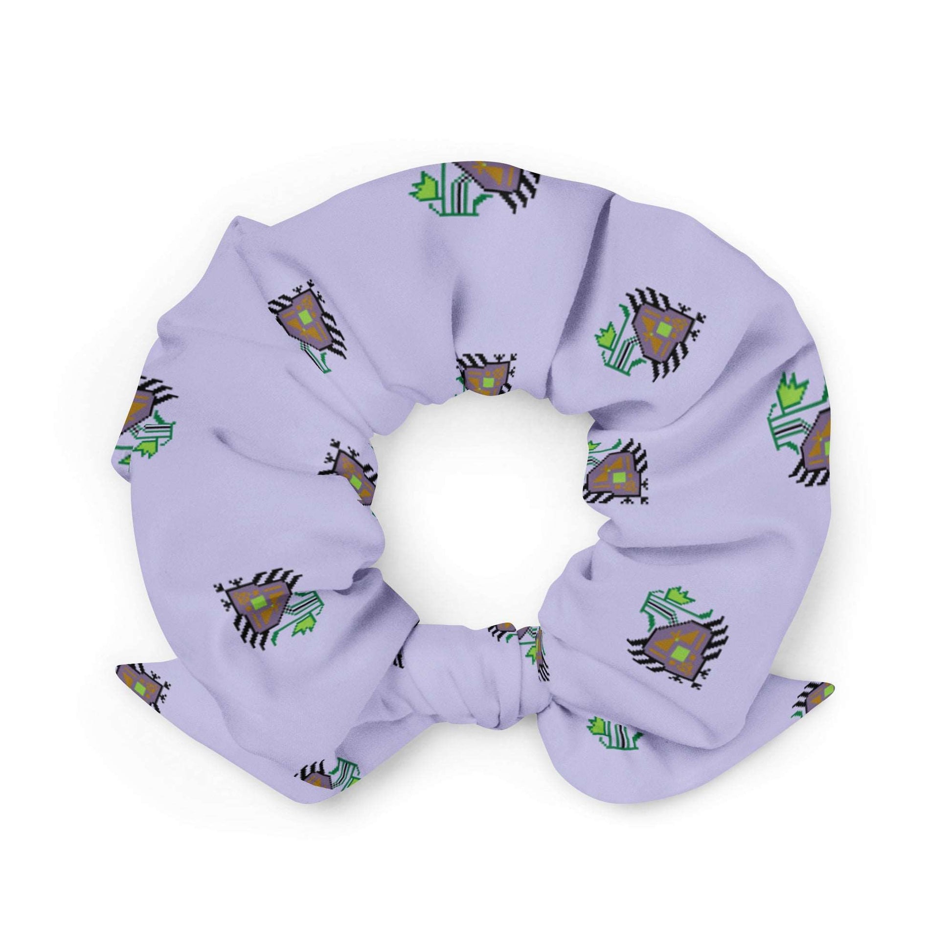 Pretty Purple Flower Recycled Scrunchie | Lavender, a light purple scrunchie made of recycled materials with a purple flower pattern.