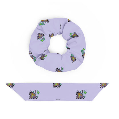 Pretty Purple Flower Recycled Scrunchie | Lavender, a light purple scrunchie made of recycled materials with a purple flower pattern.