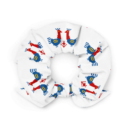 Roosters Recycled Scrunchie | White, a white scrunchie made of recycled materials with a pattern of large red and blue roosters with yellow details.