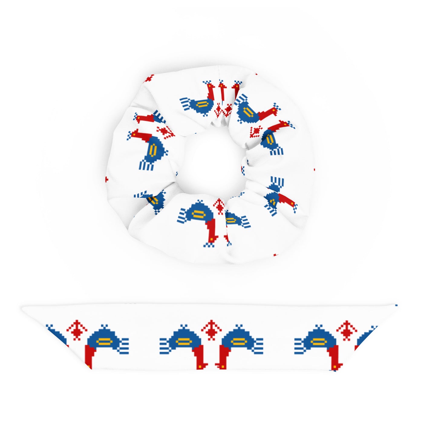 Roosters Recycled Scrunchie | White, a white scrunchie made of recycled materials with a pattern of large red and blue roosters with yellow details.