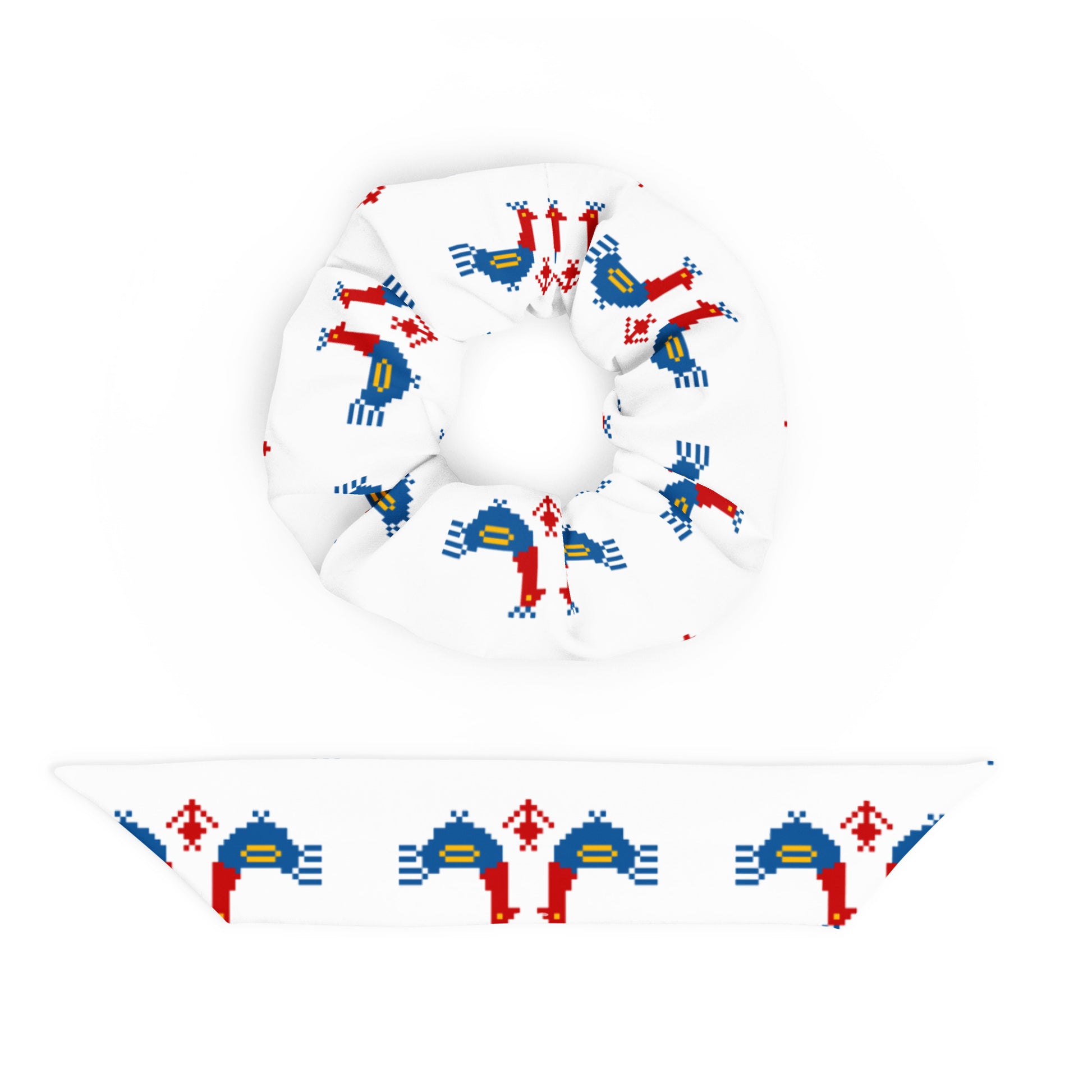 Roosters Recycled Scrunchie | White, a white scrunchie made of recycled materials with a pattern of large red and blue roosters with yellow details.