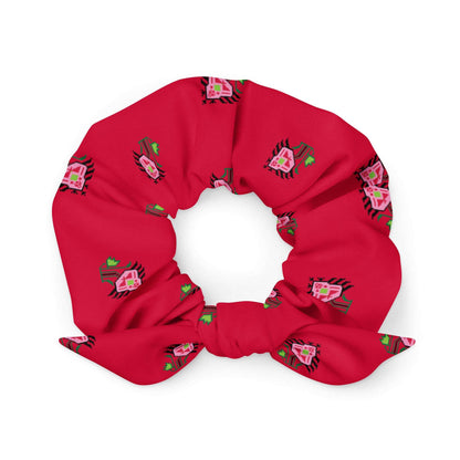 Pretty Pink Flower Recycled Scrunchie | Red, a red scrunchie made of recycled materials with a pink flower pattern.