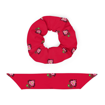 Pretty Pink Flower Recycled Scrunchie | Red, a red scrunchie made of recycled materials with a pink flower pattern.