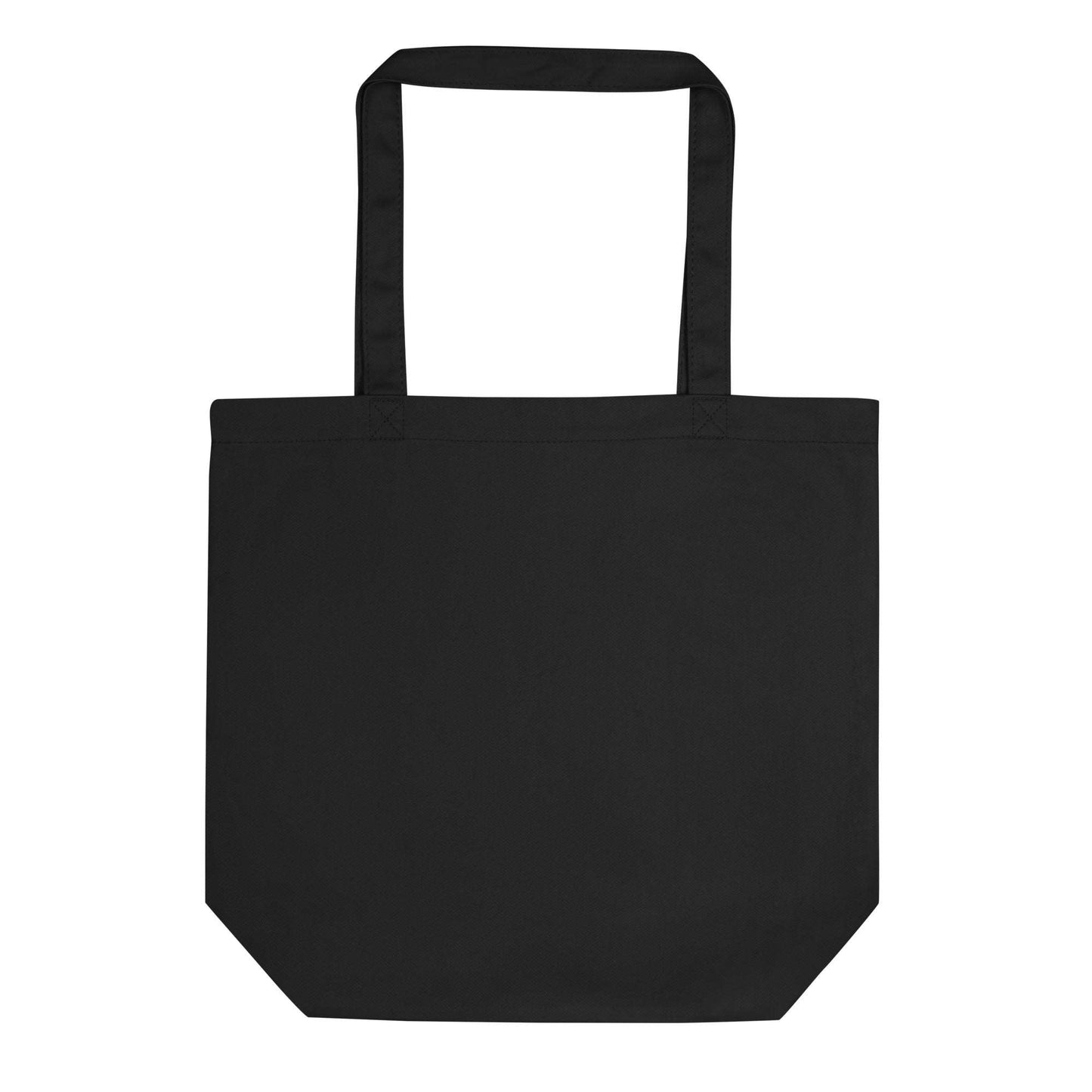 The back of a 100% organic cotton black eco tote bag.