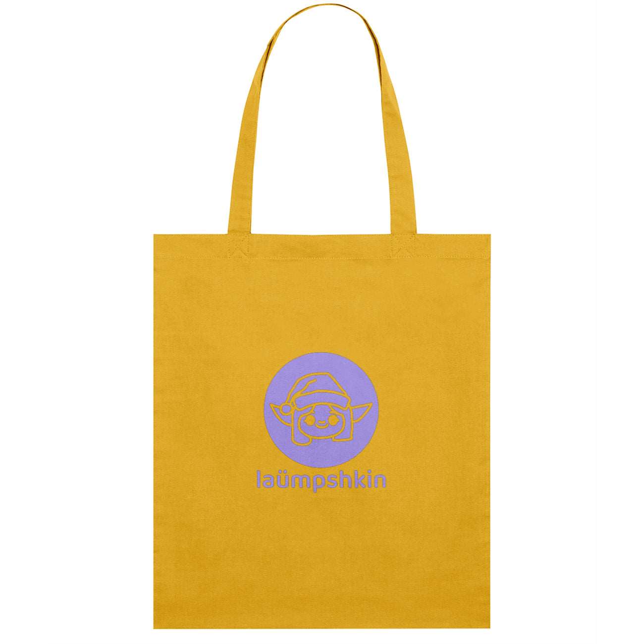 A bright yellow tote bag made of 100% organic cotton with the Laümpshkin elf logo and name printed on the front in lavender purple.