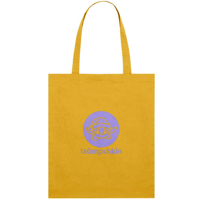 A bright yellow tote bag made of 100% organic cotton with the Laümpshkin elf logo and name printed on the front in lavender purple.