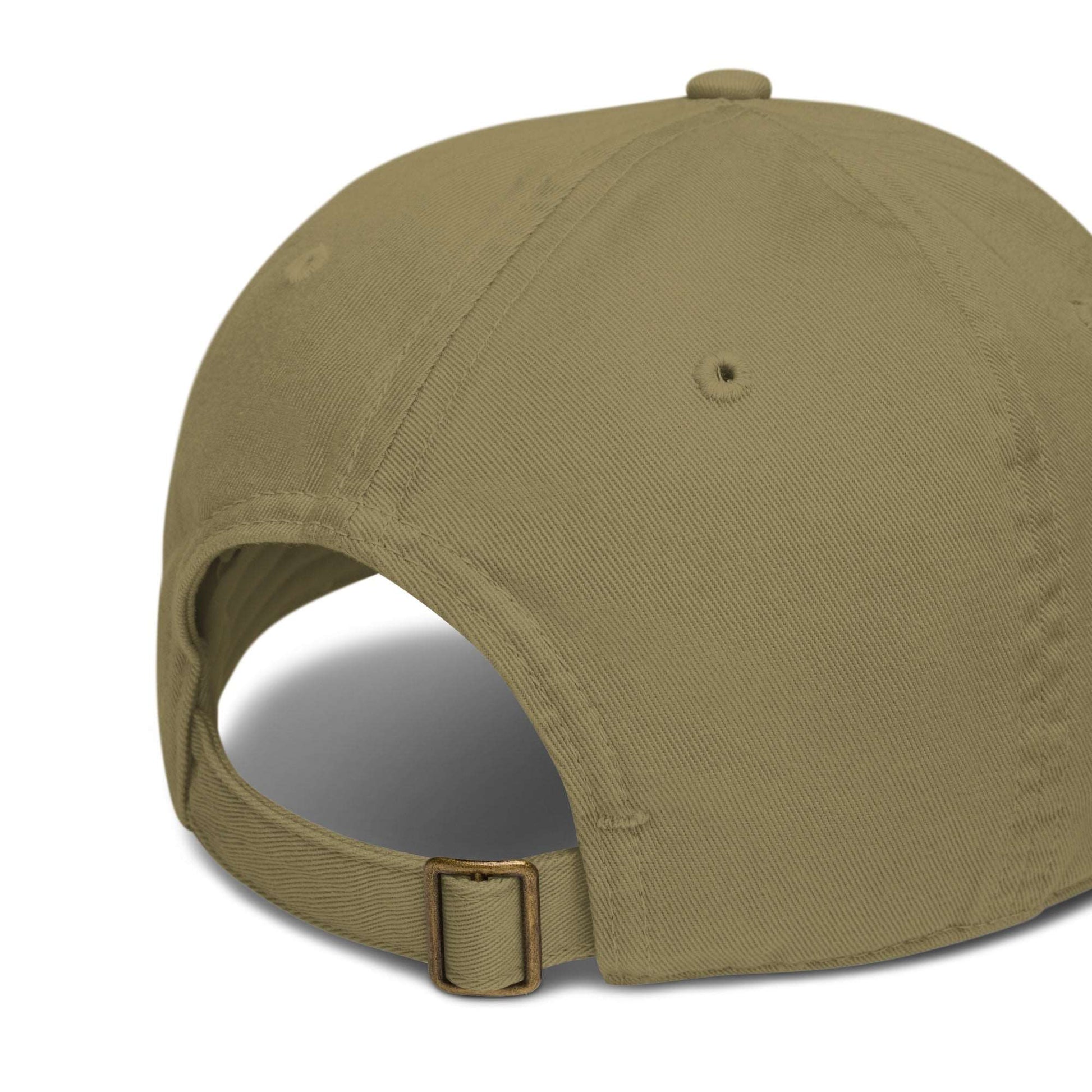 The back of a khaki green baseball cap made of 100% organic cotton. It shows the back adjustable strap.