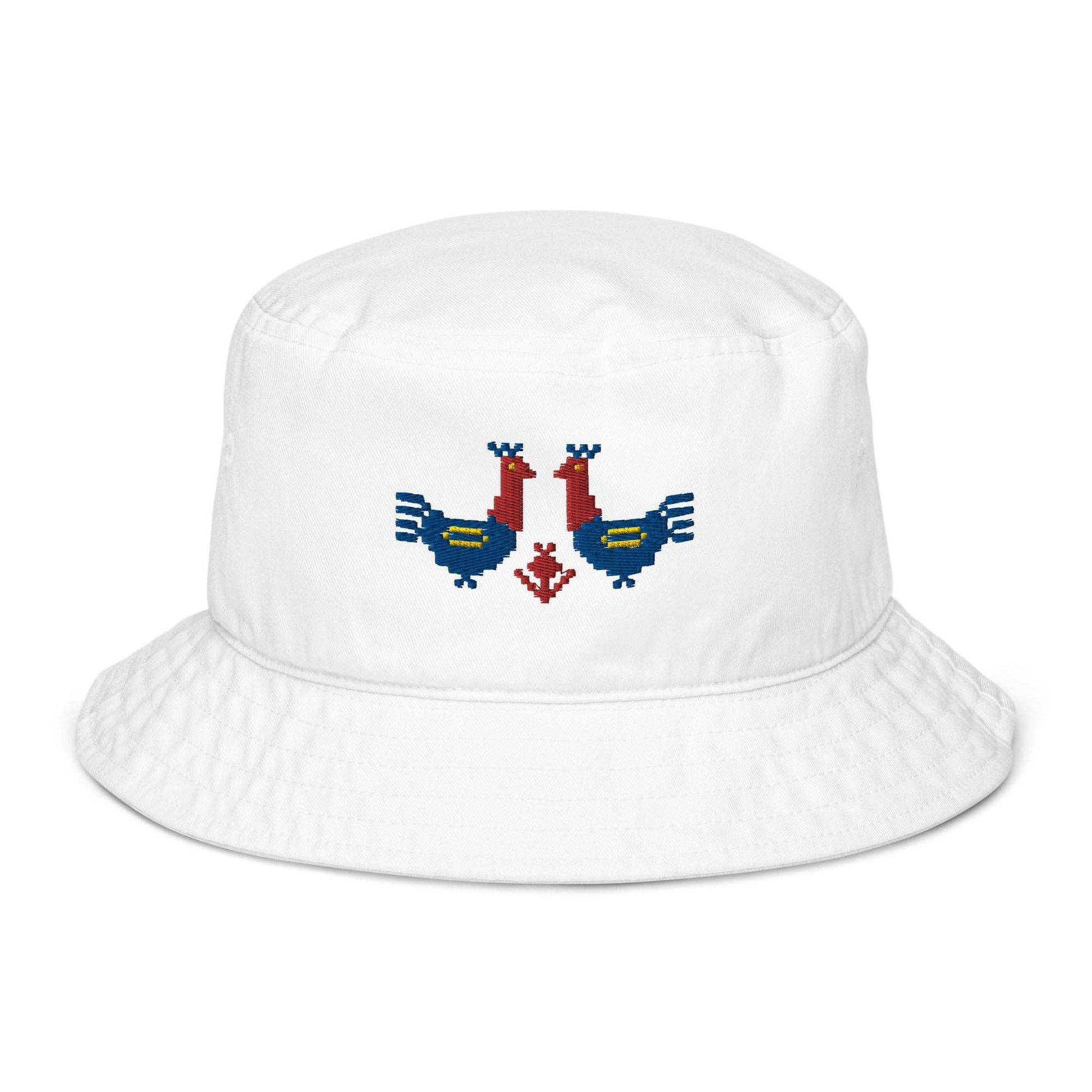 Roosters Organic bucket hat, a white bucket hat with a pair of large red and blue roosters with yellow details embroidered on the front.