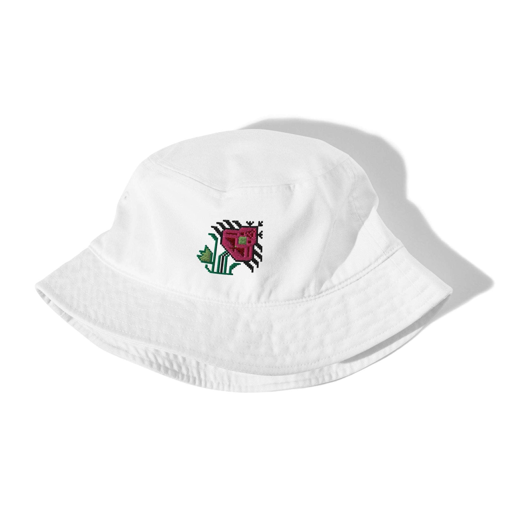 Pretty Pink Flower Organic bucket hat made of 100% organic cotton twill in white with a large bright pink flower embroidered on the front.