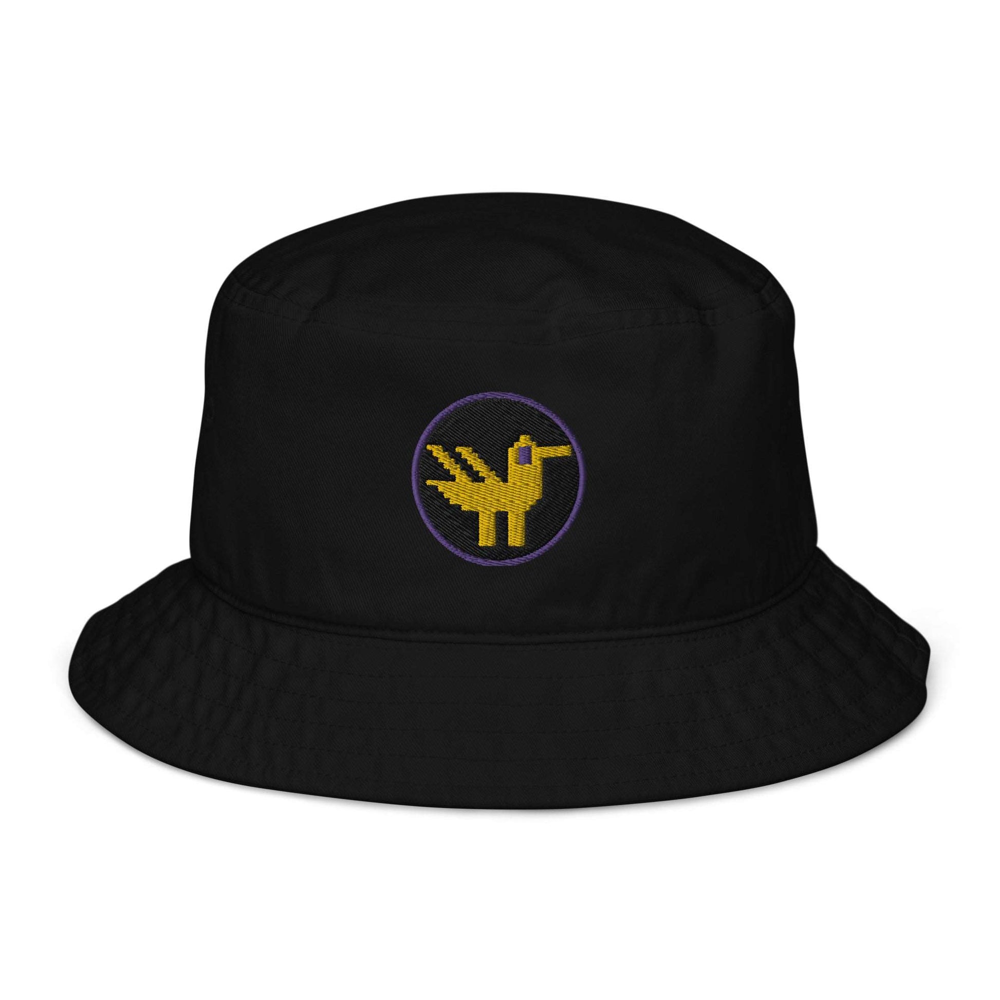 Duck Organic Bucket Hat. A black bucket hat made of 100% organic cotton with a large yellow duck with purple details embroidered on the front.