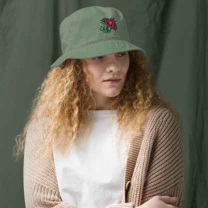 Pretty Pink Flower Organic bucket hat made of 100% organic cotton twill in olive green with a large bright pink flower embroidered on the front.