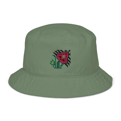 Pretty Pink Flower Organic bucket hat made of 100% organic cotton twill in olive green with a large bright pink flower embroidered on the front.