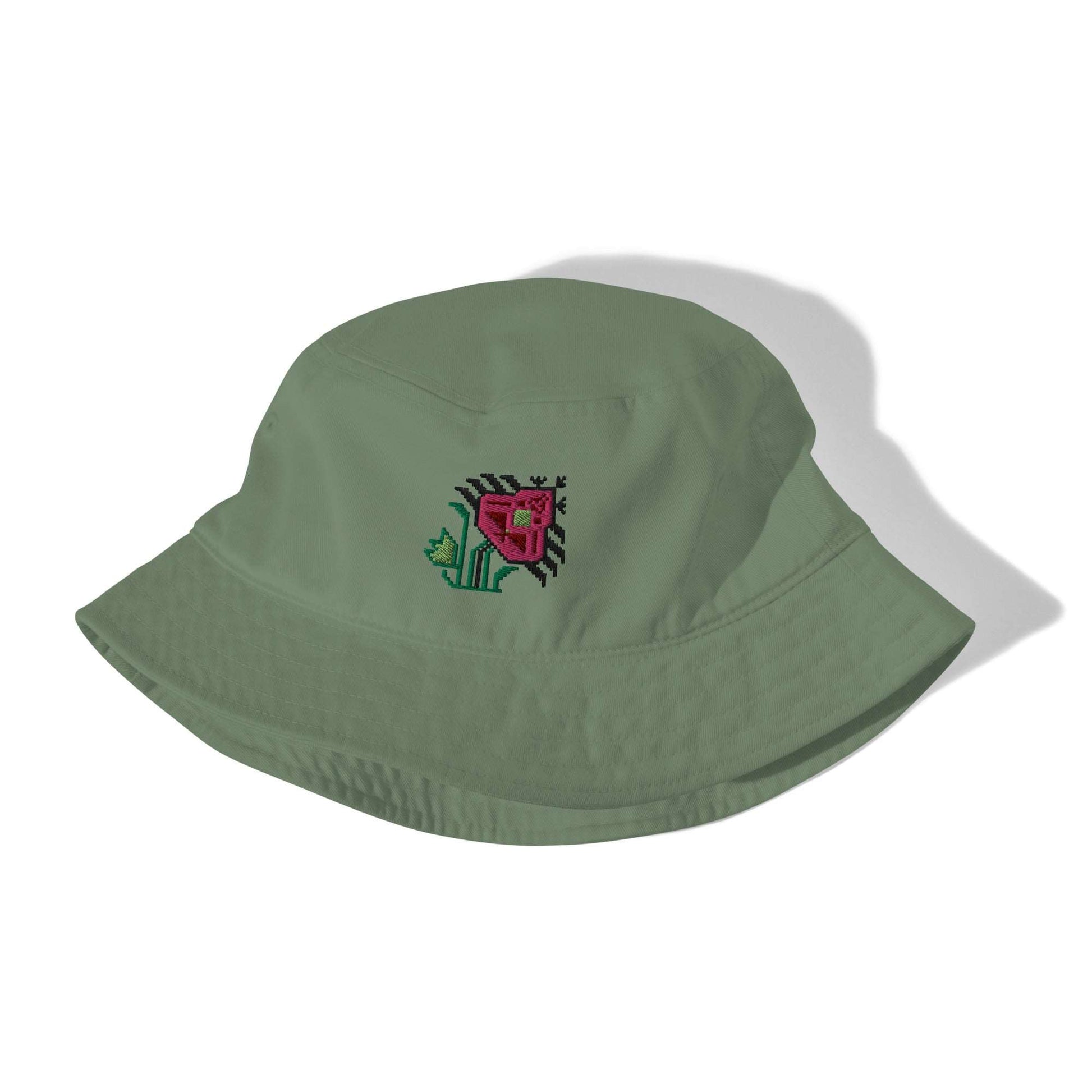 Pretty Pink Flower Organic bucket hat made of 100% organic cotton twill in olive green with a large bright pink flower embroidered on the front.