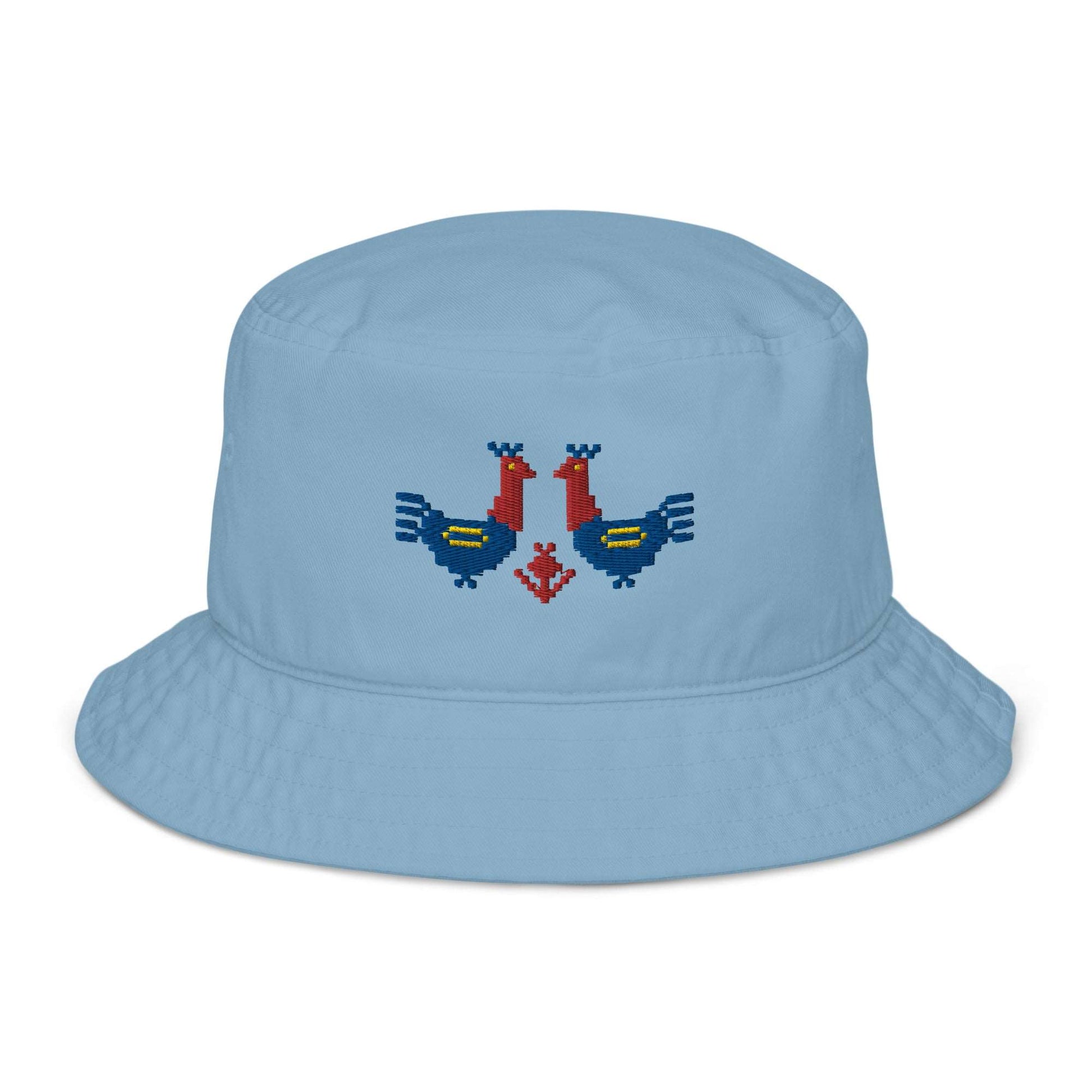 Roosters Organic bucket hat, a light blue bucket hat with a pair of large red and blue roosters with yellow details embroidered on the front.