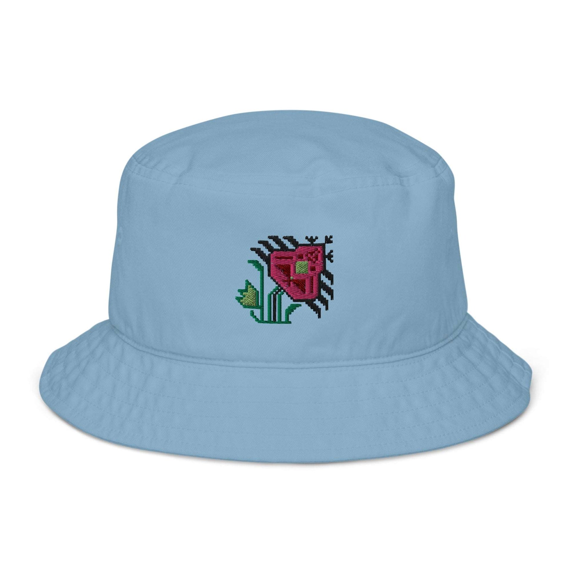 Pretty Pink Flower Organic bucket hat made of 100% organic cotton twill in light blue with a large bright pink flower embroidered on the front.