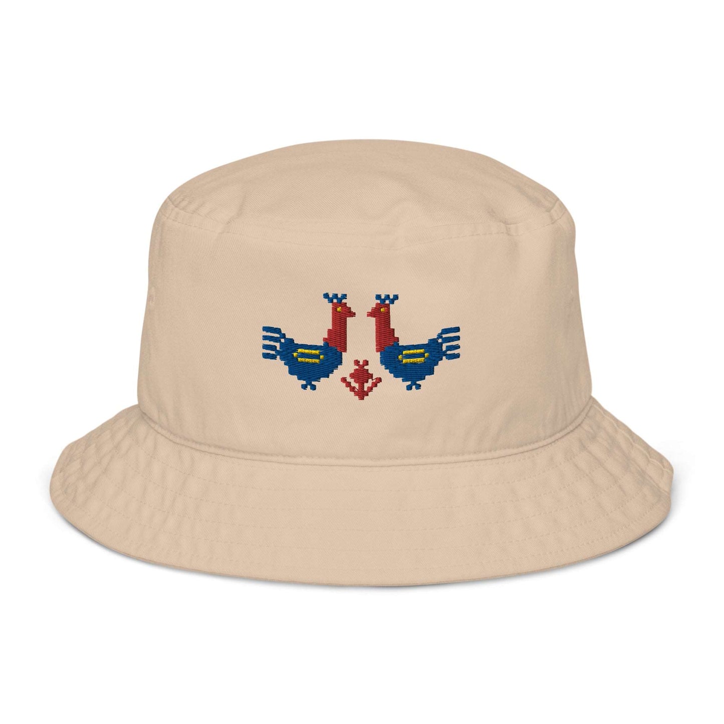 Roosters Organic bucket hat, a tan colored bucket hat with a pair of large red and blue roosters with yellow details embroidered on the front.