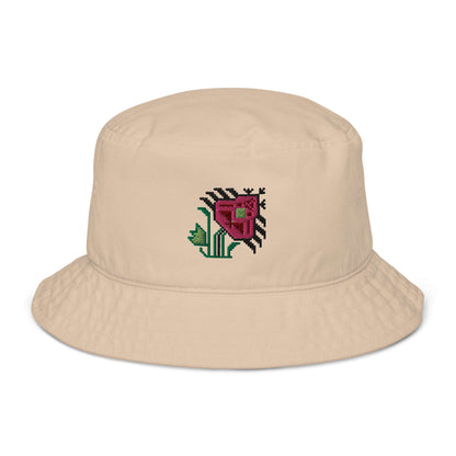 Pretty Pink Flower Organic bucket hat made of 100% organic cotton twill in tan with a large bright pink flower embroidered on the front.