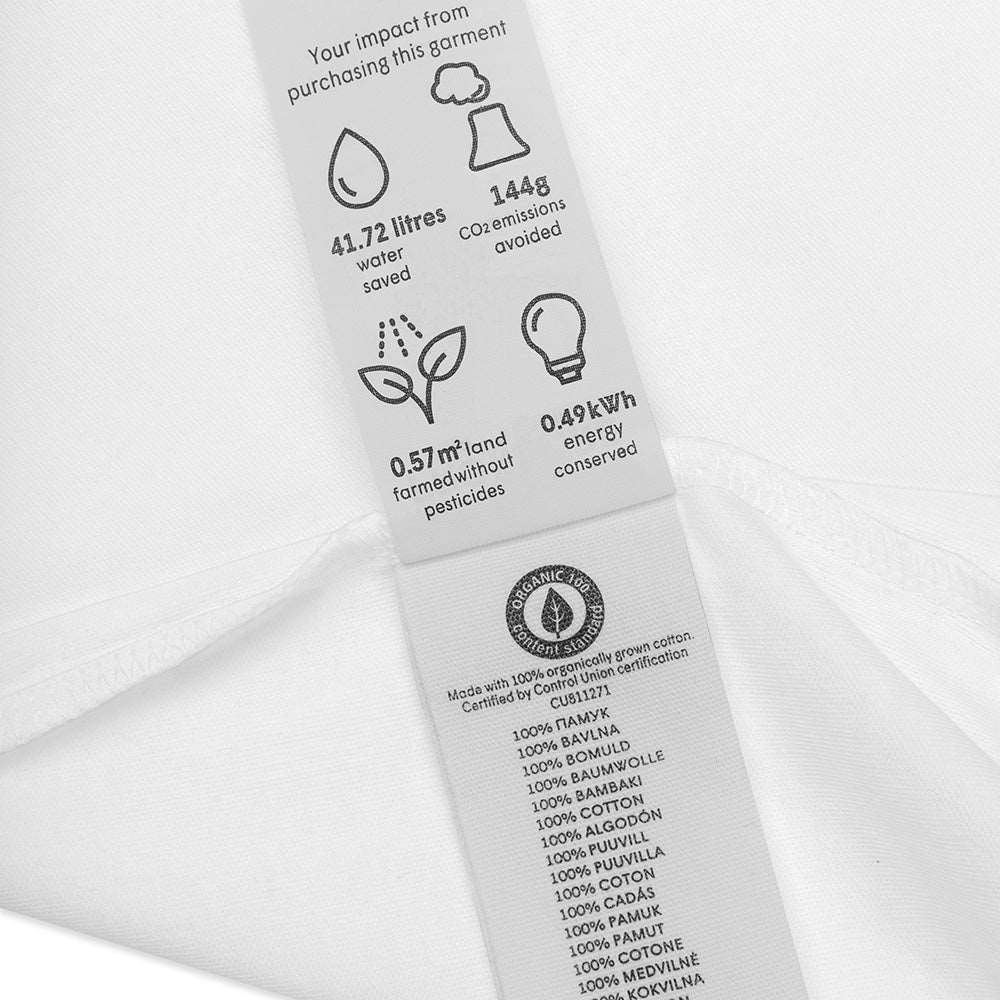 Details of a tag on a white baby bodysuit. It shows that it is made of 100% organic cotton and the environmental impact of the garment.