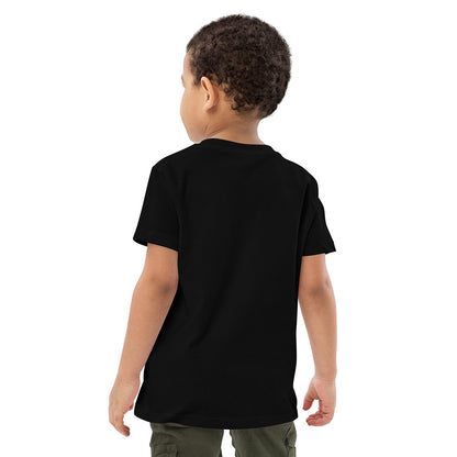 The back of a boy wearing a black organic cotton t-shirt.