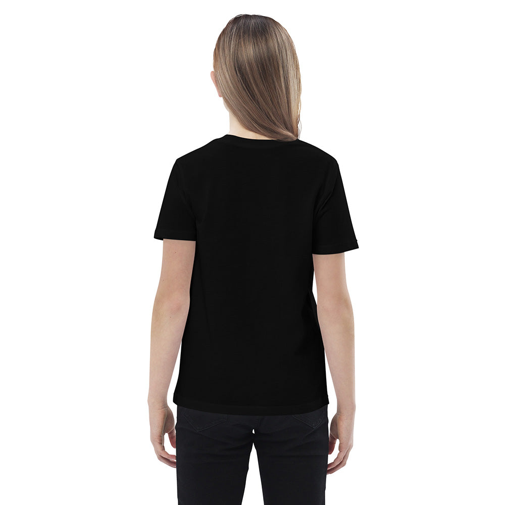 The back of a girl wearing a black organic cotton t-shirt.