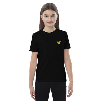 A girl wearing a black kids t-shirt made of 100% organic cotton with a yellow duck embroidered on the top left.