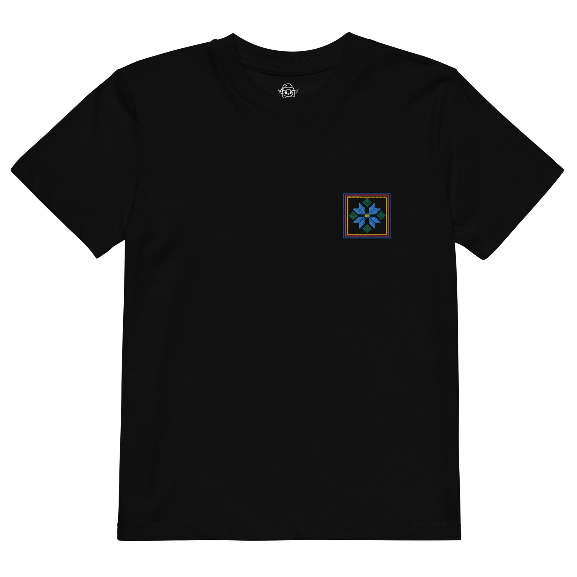 A black organic cotton t-shirt with a blue flower design embroidered on the top left. The flower is enclosed within three borders of yellow, pink, and blue.