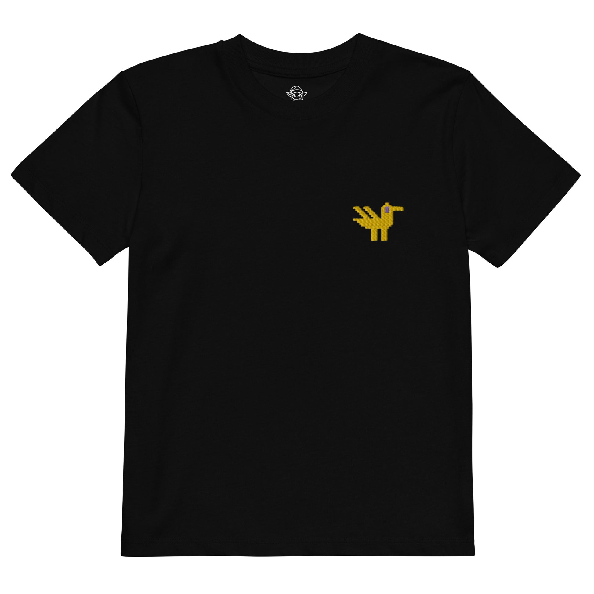 A black kids t-shirt made of 100% organic cotton with a yellow duck embroidered on the top left.