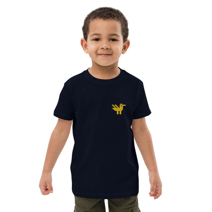 A boy wearing a dark navy kids t-shirt made of 100% organic cotton with a yellow duck embroidered on the top left.