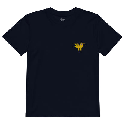 A dark navy kids t-shirt made of 100% organic cotton with a yellow duck embroidered on the top left.