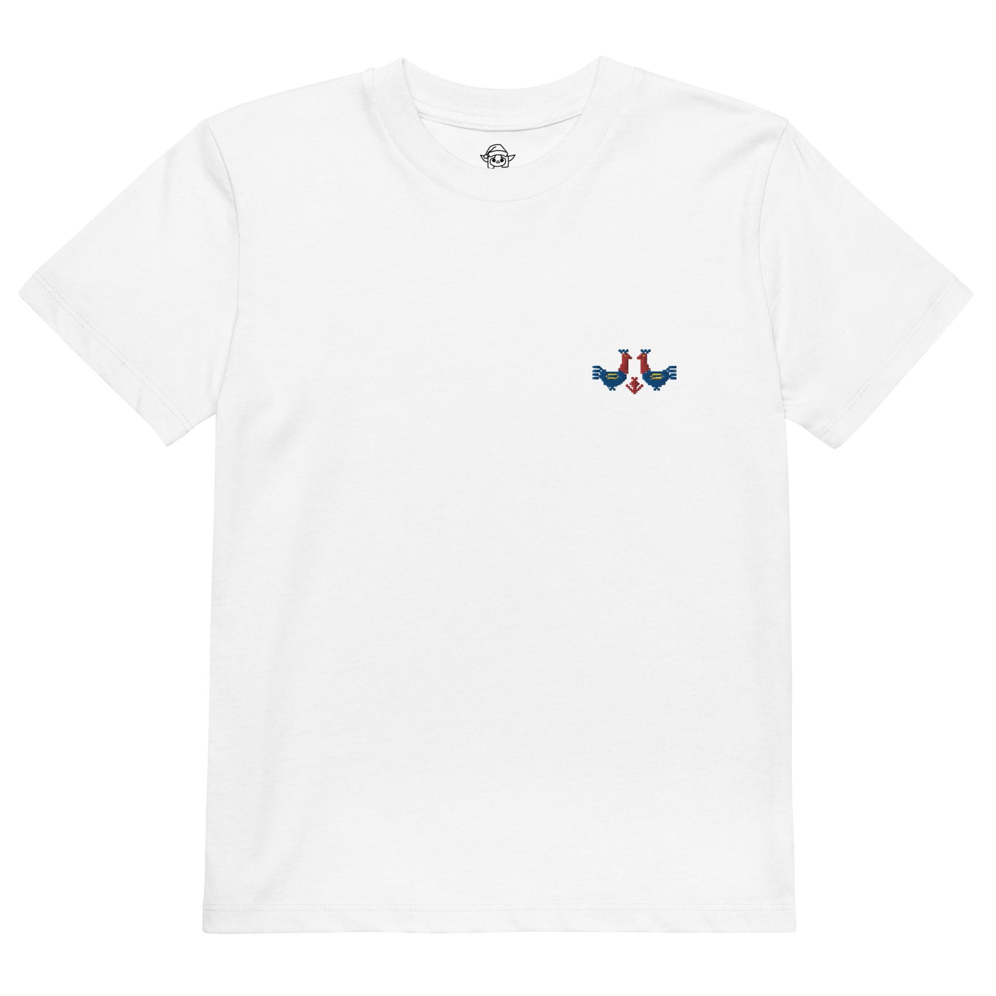 A white t-shirt made of 100% organic cotton with a pair of red and blue roosters embroidered on the top left.