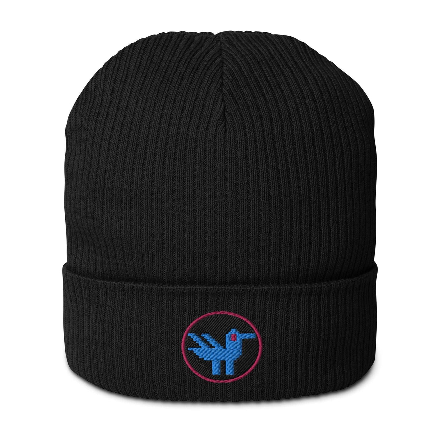 A black beanie made of 100% organic cotton with a patch embroidered on the front. The patch is a black circle with a pink border with a blue retro style duck inside.