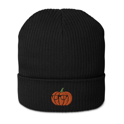 A spooky Halloween ribbed black beanie made of 100% organic cotton with a pumpkin embroidered on the front. The pumpkin is wearing glasses.