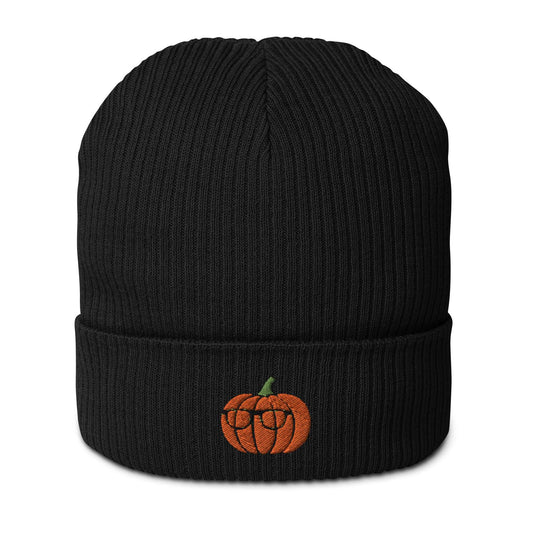 A spooky Halloween ribbed black beanie made of 100% organic cotton with a pumpkin embroidered on the front. The pumpkin is wearing glasses.