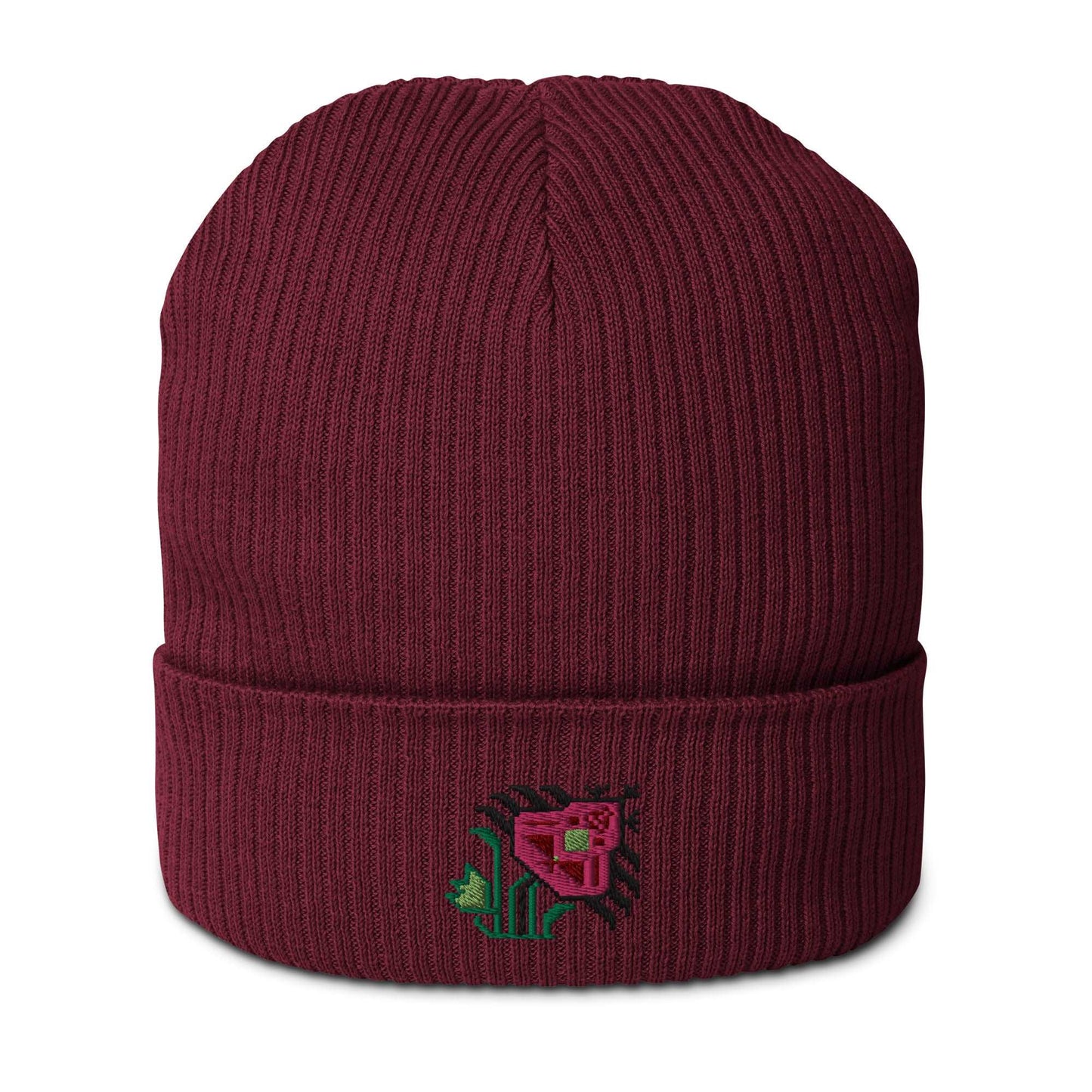 A burgundy ribbed beanie made of 100% organic cotton with an intricate pink flower embroidered on the front.