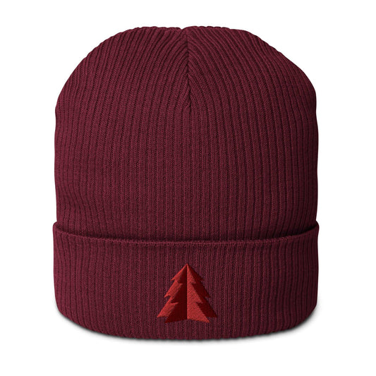 A festive holiday burgundy ribbed beanie made of 100% organic cotton with an embroidered minimalist two-tone tree on the front.