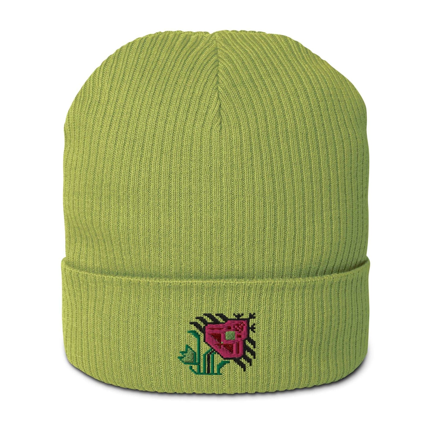 A light green ribbed beanie made of 100% organic cotton with an intricate pink flower embroidered on the front.