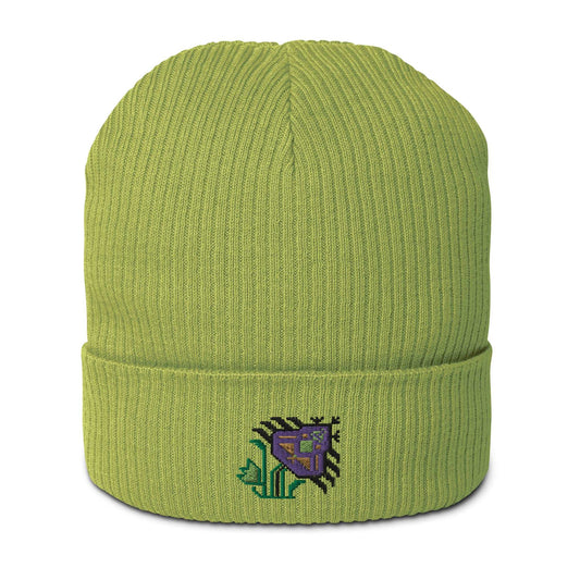 A light green ribbed beanie made of 100% organic cotton with an intricate purple flower embroidered on the front.