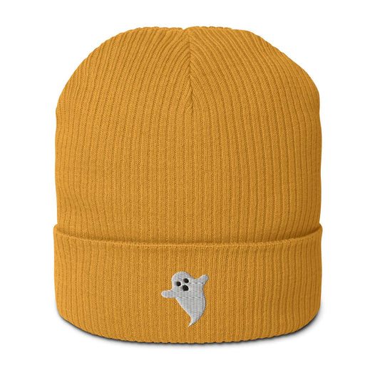 A mustard yellow spooky Halloween ribbed beanie made of 100% organic cotton with a ghost embroidered on the front.