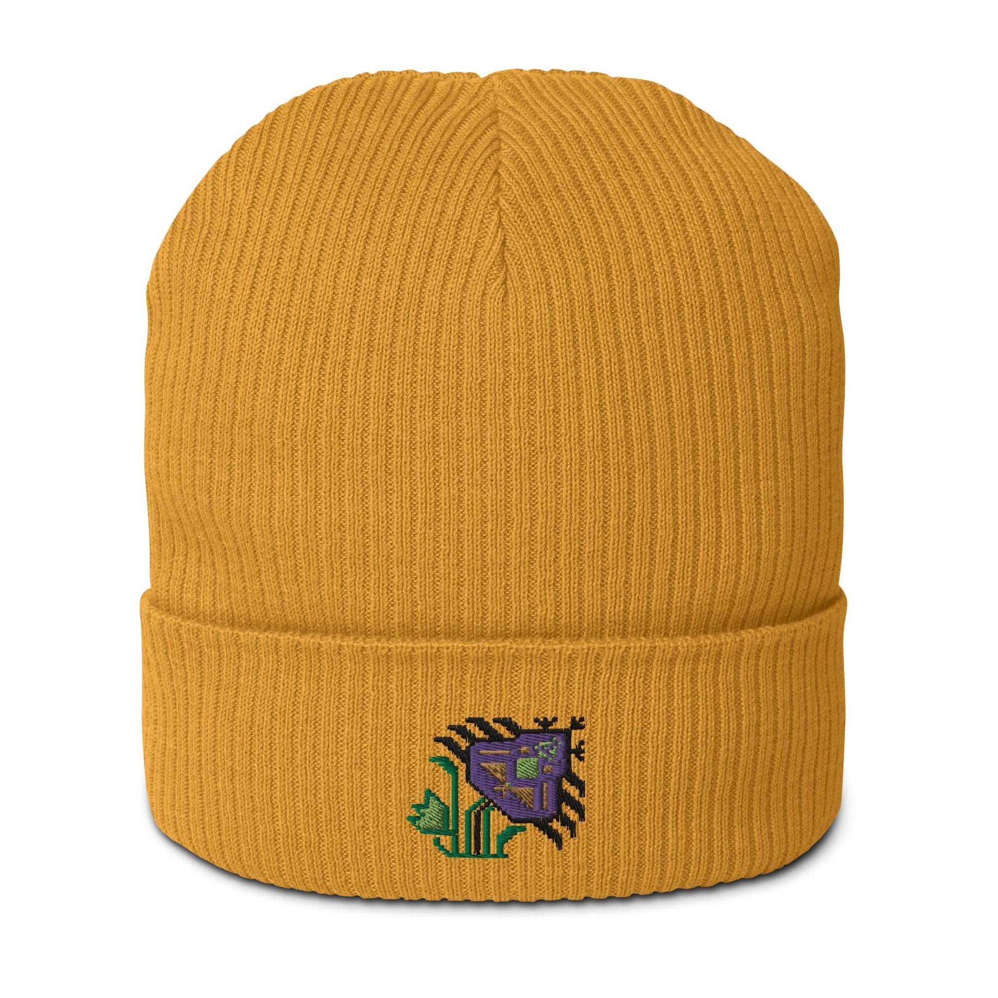 A mustard yellow ribbed beanie made of 100% organic cotton with an intricate purple flower embroidered on the front.