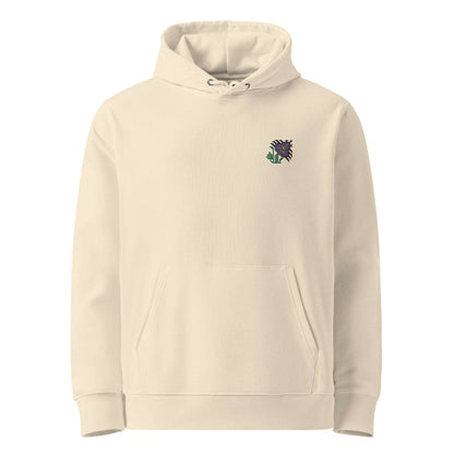 A light tan hoodie made of organic cotton and recycled polyester with an intricate purple flower embroidered on the top left.