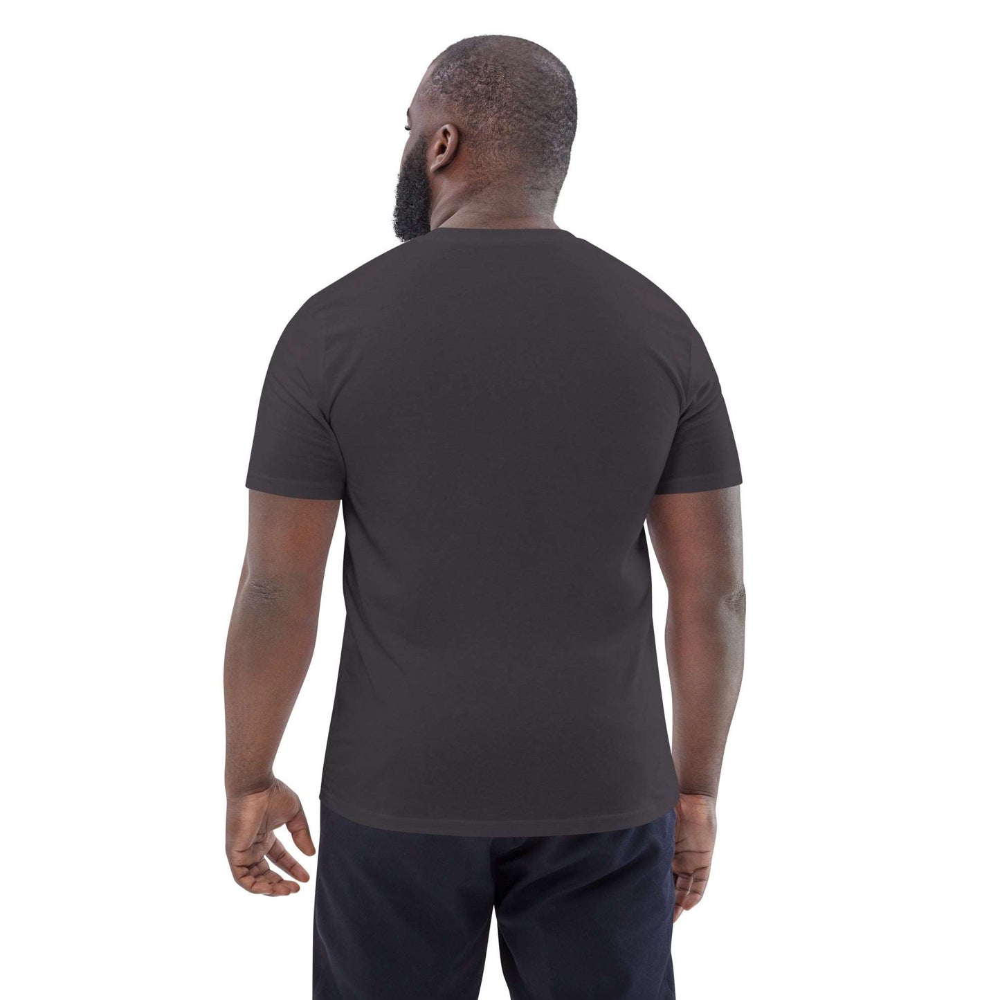 The back of a man wearing a black t-shirt made of 100% organic cotton.