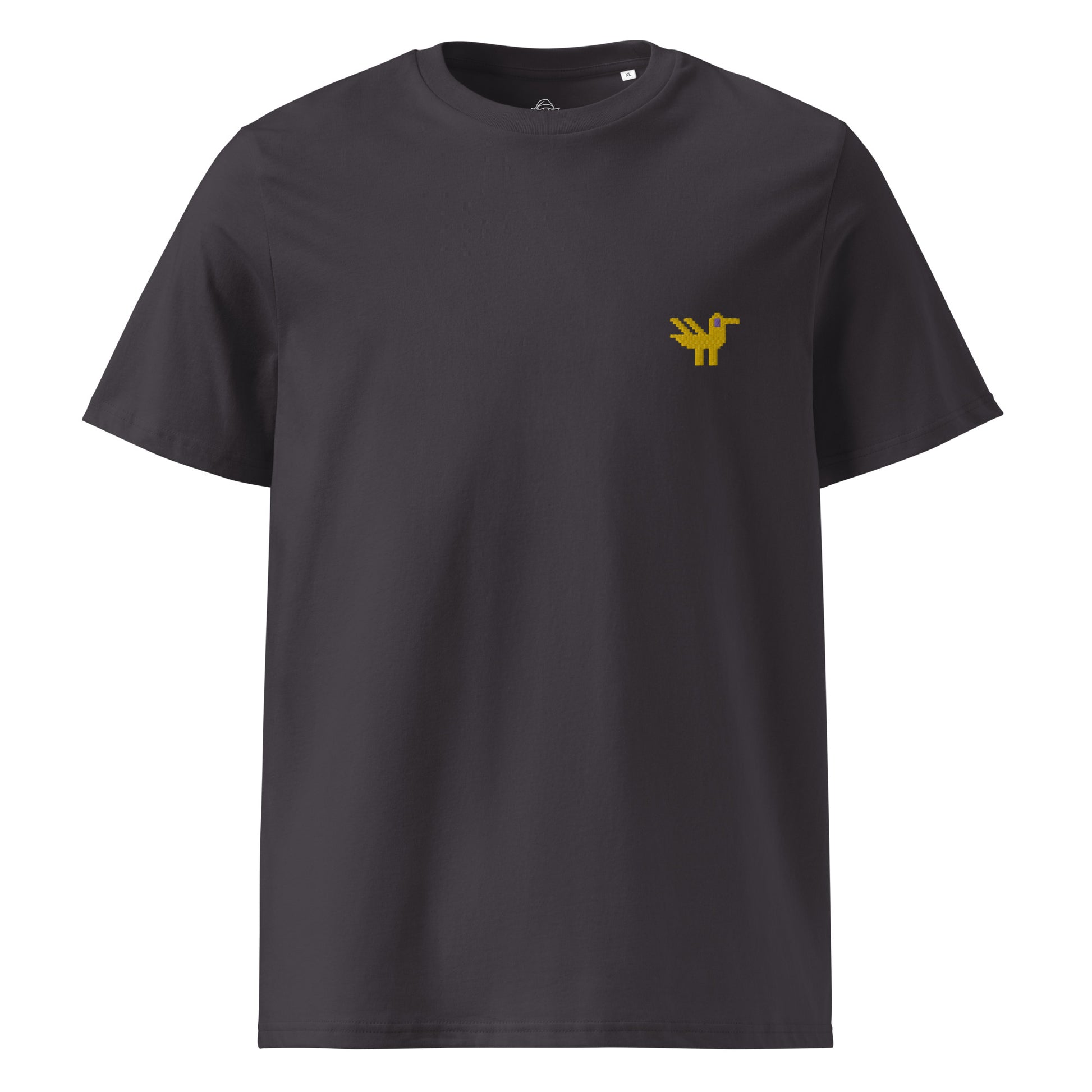 A dark grey t-shirt made of 100% organic cotton with a yellow duck embroidered on the top left.