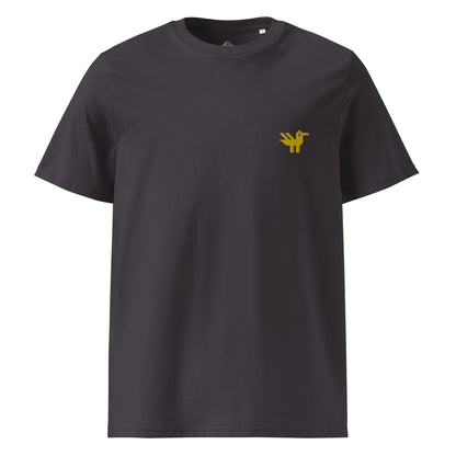 A dark grey t-shirt made of 100% organic cotton with a yellow duck embroidered on the top left.