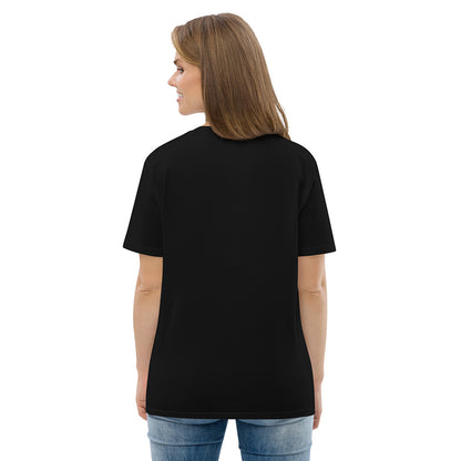 The back of a woman wearing a black organic cotton t-shirt.