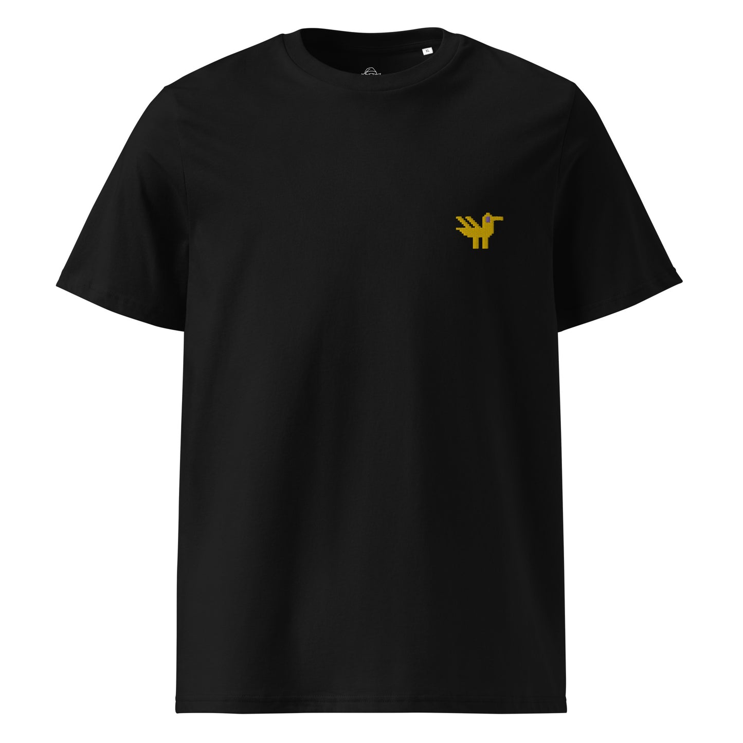 A black t-shirt made of 100% organic cotton with a yellow duck embroidered on the top left.